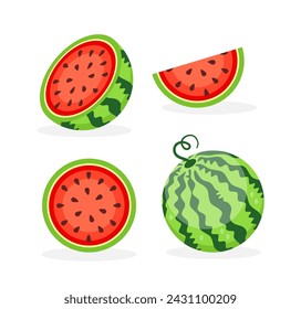 Set fresh watermelon. Summer fruit collection. Juicy whole watermelons and slices. Vector illustration