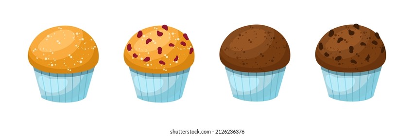 Conjunto de muffin blanco y marrón fresco con migajas de chocolate aisladas ilustraciones vectoriales. Pastel dulce y deliciosa colección de postres. Producto de panadería