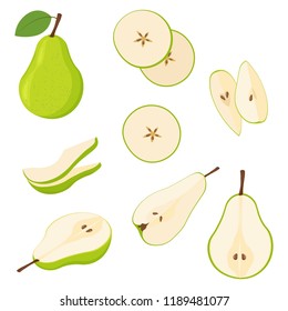 Set of fresh whole and cut pear and slices isolated on white background. 