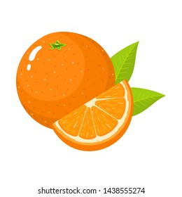 Set of fresh whole and cut slice orange fruit with leaves isolated on white background. Tangerine. Organic fruit. Cartoon style. Vector illustration for any design.