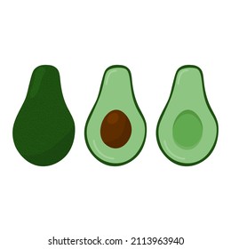 Set of fresh whole and half avocado isolated on white background. Organic food. Cartoon style. Vector illustration for design