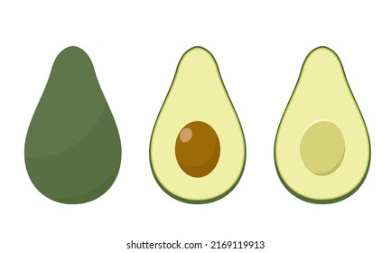Set of fresh whole and half avocado isolated on white background. Organic food. Cartoon style. Vector illustration for design.