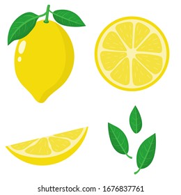 Set of fresh whole, half, cut slice and leaves lemon fruit isolated on white background. Summer fruits for healthy lifestyle. Organic fruit. Cartoon style. Vector illustration for any design.