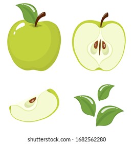 Set of fresh whole, half, cut slice and leaves green apple fruit isolated on white background. Summer fruits for healthy lifestyle. Organic fruit. Cartoon style. Vector illustration for any design.