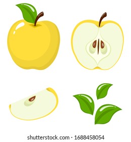 Conjunto de partes frescas enteras, medias, trozos y hojas de manzana amarilla aisladas en fondo blanco. Frutas de verano para un estilo de vida saludable. Fruta orgánica. Estilo de caricatura. Ilustración vectorial para cualquier diseño.