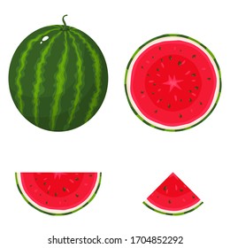 Set of fresh whole, half, cut slice watermelon fruit isolated on white background. Summer fruits for healthy lifestyle. Organic fruit. Cartoon style. Vector illustration for any design.