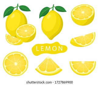 Set of fresh whole, half, cut slice lemon fruits isolated on white background. Summer fruits for healthy lifestyle. Organic fruit. Cartoon style. Vector illustration for any design.