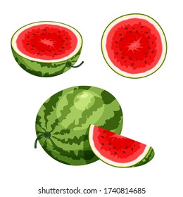 Conjunto de partes enteras frescas, medias, trozos de trozo de sandía aislados sobre fondo blanco. Íconos vectores de comida vegana en un estilo de caricatura de moda. Concepto de alimentos saludables. Fresca berry de caricatura.