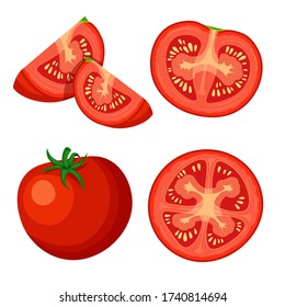 Set of fresh whole, half, cut slice and piece of tomato isolated on white background. Vegan food vector vegetable icons in a trendy cartoon style. Healthy food concept.