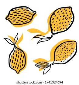 Set of fresh whole, half, cut slice and leaves lemon fruit isolated on white background. Organic fruit. Cartoon style. Vector illustration for any design.