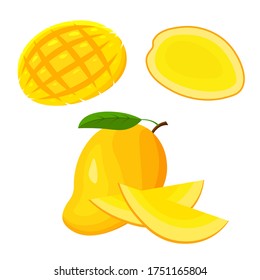 Set of fresh whole, half, cut slice and piece of mango fruit isolated on white background. Vegan food vector icons in a trendy cartoon style. Healthy exotic tropical food concept.