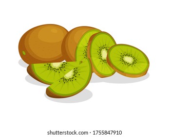 Set of fresh whole, half, cut slice of kiwi isolated on white background. Citrus fruit. Vegan food vector icons in a trendy cartoon style. Healthy food concept.