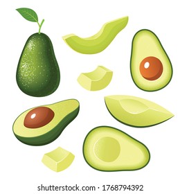 Set of fresh whole, half, cut slice avocado isolated on white background. Organic fruit.