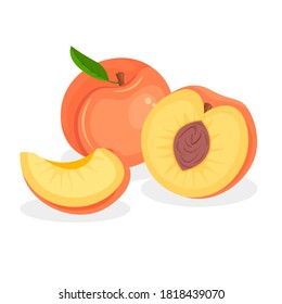 Set of fresh whole, half, cut slice and piece of peach isolated on white background. Vegan food vector icons in a trendy cartoon style. Healthy concept.