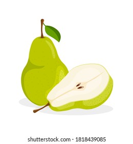 Conjunto fresco entero, medio, trozo cortado y pieza de pera aislada sobre fondo blanco. Íconos vectores de comida vegana en un estilo de caricatura de moda. Concepto saludable.