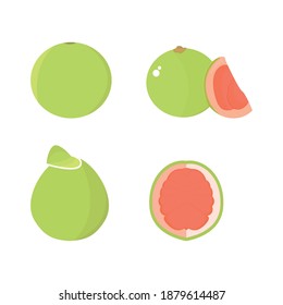 Set of fresh whole, half, cut slice pomelo fruits isolated on white background. Summer fruits for healthy lifestyle. Organic fruit. Cartoon style. Vector illustration for any design.