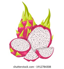 Conjunto de frutos de pitaya rojos cortados, enteros y a medias, aislados de fondo blanco. Frutos de verano para un estilo de vida saludable. Fruta orgánica. Estilo de caricatura. Ilustración vectorial para cualquier diseño.