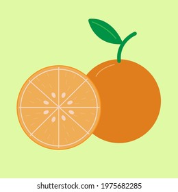 Set of fresh whole, half, cut slice and leaves orange fruit isolated on white background. Tangerine. Organic fruit. Cartoon style. Vector illustration for any design.
