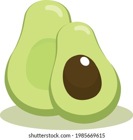 Set of fresh whole, half, cut slice and leaves avocado isolated on white background. Summer fruits for healthy lifestyle. Organic fruit. Cartoon style. Vector illustration for any design.