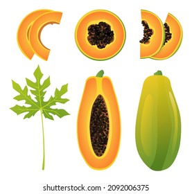 Conjunto de imágenes completas, medias, trozos cortados y hojas de papaya aisladas en fondo blanco