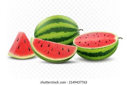 Set of fresh whole, half, cut slice and piece of watermelon isolated on white background. Vegan food vector icons in a trendy realistic 3d style. Healthy food concept.