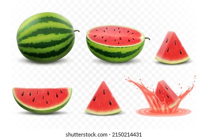 Set of fresh whole, half, cut slice and piece of watermelon isolated on white background. Vegan food vector icons in a trendy realistic 3d style. Healthy food concept.