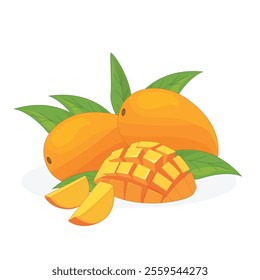 Set of fresh whole, half, and cut slice mango fruits isolated on a white background