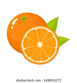 Set of fresh whole and half orange fruit with leaves isolated on white background. Tangerine. Organic fruit. Cartoon style. Vector illustration for any design.