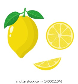 Set of fresh whole, half and slice lemon isolated on white background. Organic fruits. Cartoon style. Vector illustration for any design.