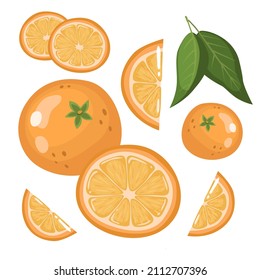 conjunto de rodajas de naranja, medias ralladas y frescas, aisladas en un fondo blanco. Mandarín. Frutas orgánicas. Estilo de caricatura. Ilustración vectorial para cualquier diseño.