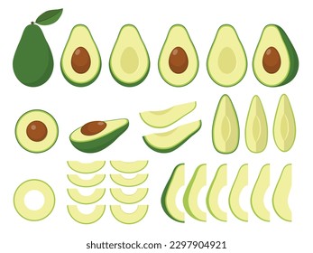 Set of fresh whole, half, sliced avocado isolated on white background. Organic food.