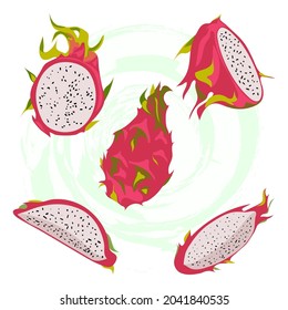 A set of fresh whole, halved red pitaya fruit slices.