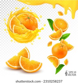 Set of fresh whole and sliced orange fruits, transparent fresh citrus juice splash, falling ripe oranges and slices. 3d realistic vector food illustration isolated on white background - Shutterstock ID 2310258237