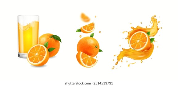 Conjunto de frutas frescas enteras y en rodajas de naranja. Conjunto aislado de salpicaduras de jugo de cítricos frescos. Rodajas de naranja enteras y medias. 3d realista jugo de Vector o bebida ilustración