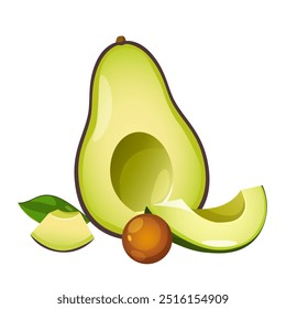 Set of fresh whole,half,sliced avocado wuth lettering isolated on white background.	