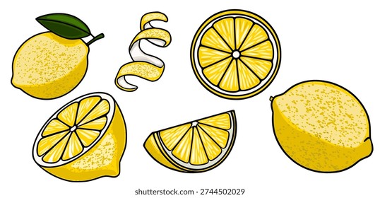 Set of fresh yellow lemons and slices vector illustration, whole fruit and peel