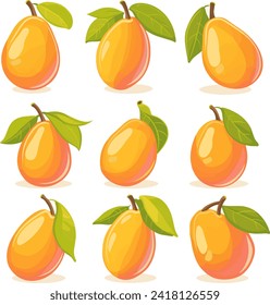 A set with fresh yellow Mango fruit with green leaves isolated on white background flat cartoon style illustration