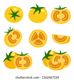 Set of fresh yellow tomatoes vector illustrations. Half a tomato, a slice of tomato.