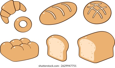 Um conjunto de pães recém-assados sobre um fundo branco. Este conjunto inclui uma variedade de pães, como croissants, baguetes e rosquinhas.