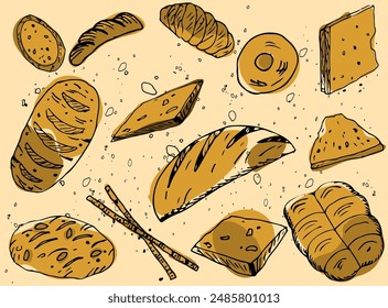 Set of freshly baked pastries. Bakery products are warm yellow in color. Vector illustration of color sketches isolated on a beige background.