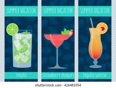 Set of freshly tropical cocktails. Mojito, Strawberry Daiquiri, Tequila Sunrise. Vector illustration.