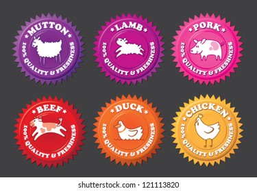 Set of freshness and quality guaranteed stamps with animal silhouettes: Mutton, lamb, pork, beef, duck and chicken.