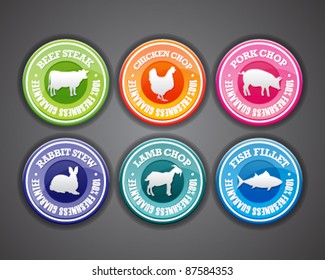 Set of freshness and quality guaranteed stamps with animal silhouettes.