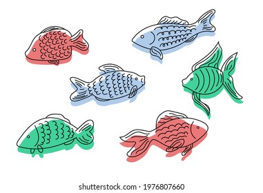 Set of freshwater, marine, salty, marine, tropical fish. Colored fish in the style of minimalism or doodle. Vector. Isolated on white background.