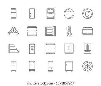 Set of Fridge Line Icons. Thermometer, Freezer, Refrigerator, Ice Cubes, Energy Efficiency Classes, Ice Maker Machine and more.