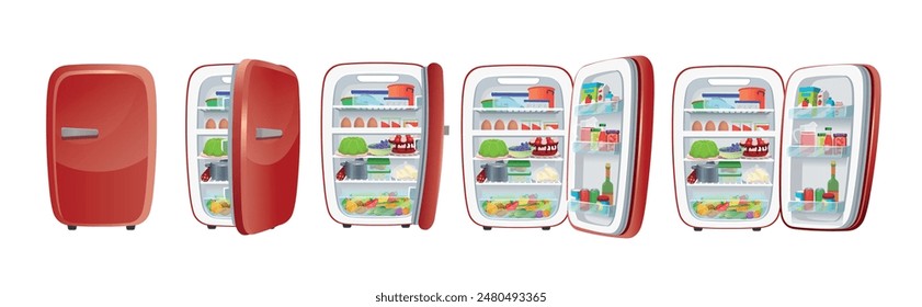  Set Fridge. Refrigerator with food for animation, closed and open  refrigerators. Cartoon.