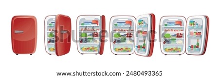  Set Fridge. Refrigerator with food for animation, closed and open  refrigerators. Cartoon.