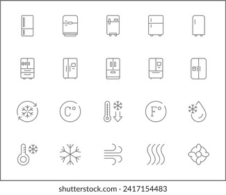 Set of fridge and refrigerator line style. Contains such Icons as household, appliances, double door fridge, side by side door fridge, ice, snowflake, kitchen, Celsius, Fahrenheit and more.