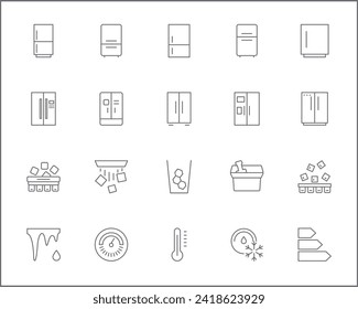 Set of fridge and refrigerator line style. Contains such Icons as household, appliances, double door fridge, side by side door fridge, ice, snowflake, kitchen, Celsius, Fahrenheit and more.