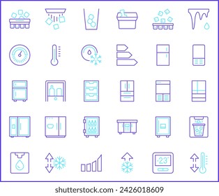 Set of fridge and refrigerator line style. Contains such Icons as household, appliances, double door fridge, side by side door fridge, ice, snowflake, kitchen, Celsius, Fahrenheit and more.